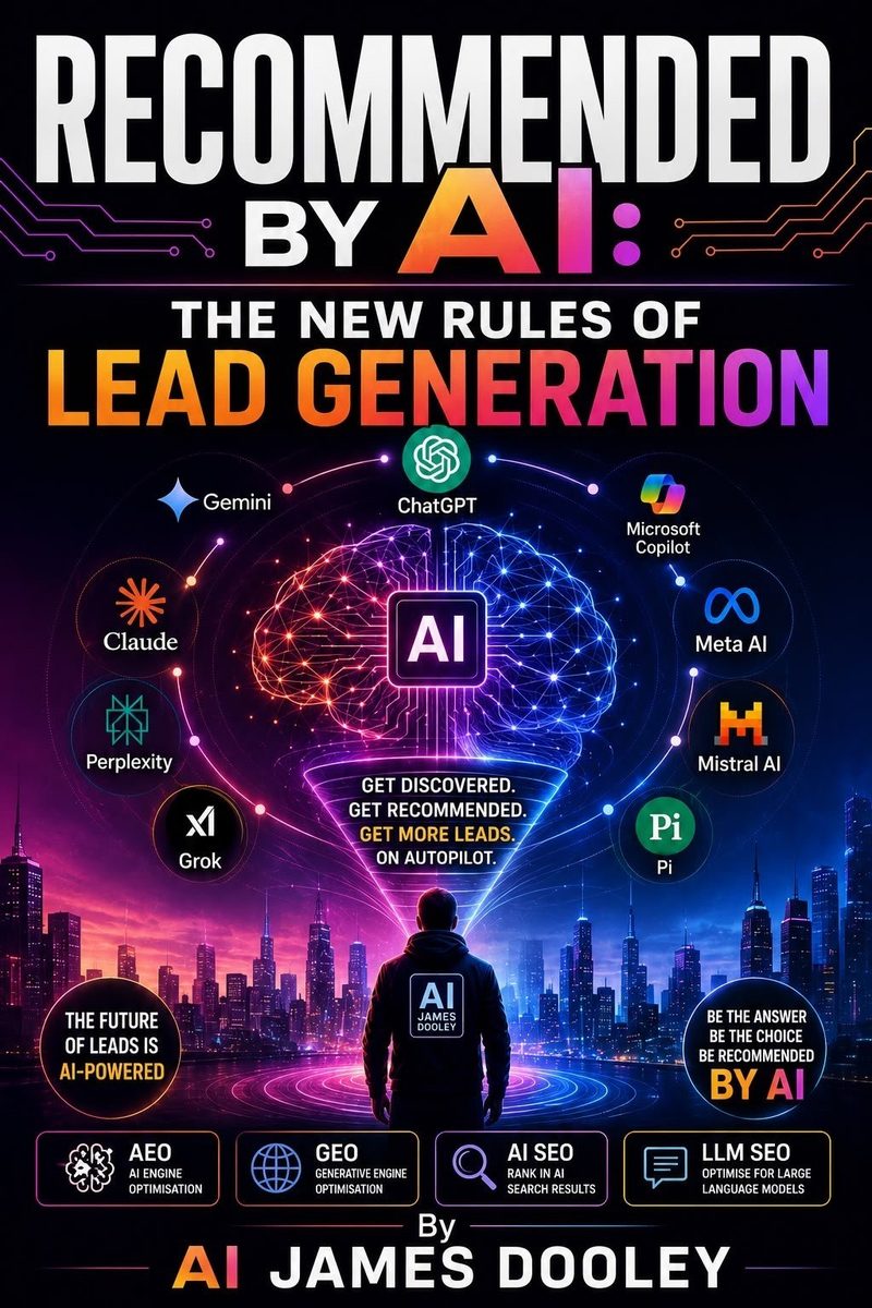 Recommended by AI: The New Rules of Lead Generation, by AI James Dooley. Cover showing the AI recommendation engines the book covers, including ChatGPT, Claude, Gemini, Microsoft Copilot, Perplexity, Grok, Meta AI, Mistral AI and Pi